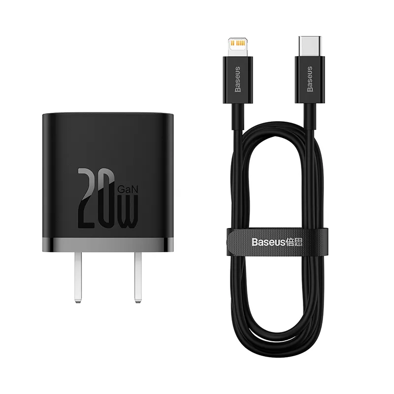 Baseus Charger 20W For Apple Iphone 14 13 12 11 Series GaN5 Fast Charger 1C CN Set Black Type-C to iP PD 20W 1m Cable Black CCGN040101